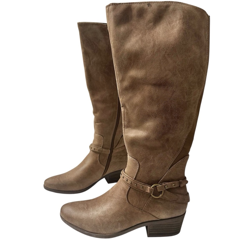 BareTraps Equestrian Boots Wide Calf Buckle Brown Tall Knee High Boots 7.5M -WC